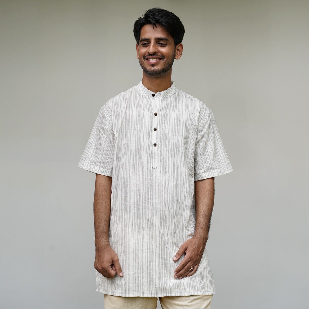 Moon white ecru half sleeve striped short kurta 