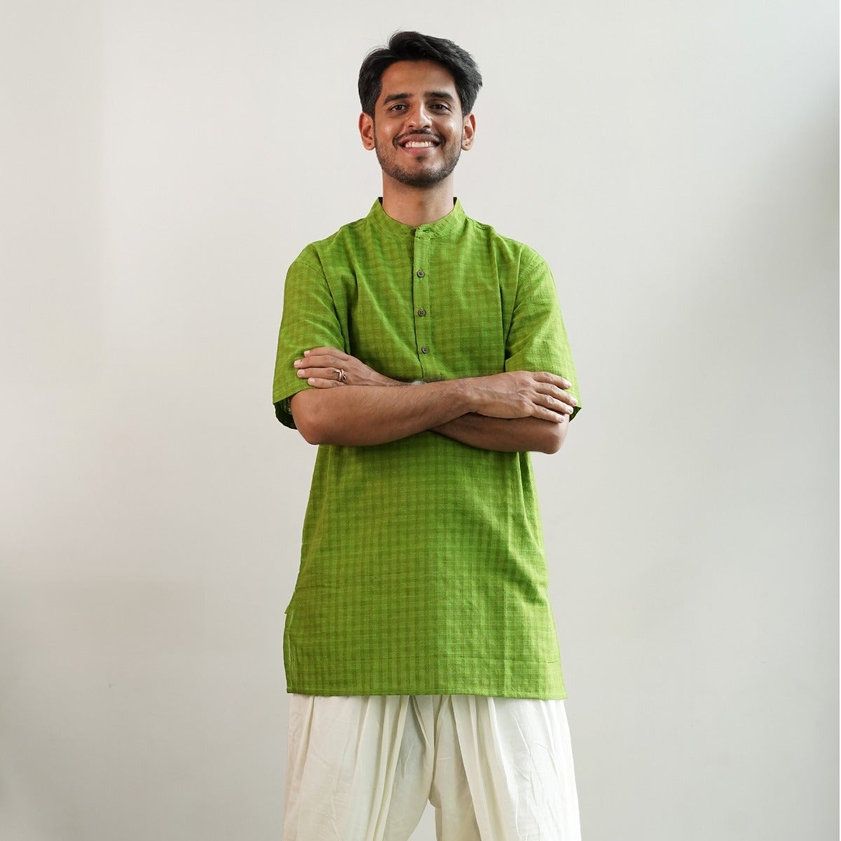 Yarn Dyed Half Sleeve Checked Dobby Kurta - Green