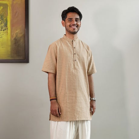 Brown- Yarn dyed half sleeve checked dobby short kurta