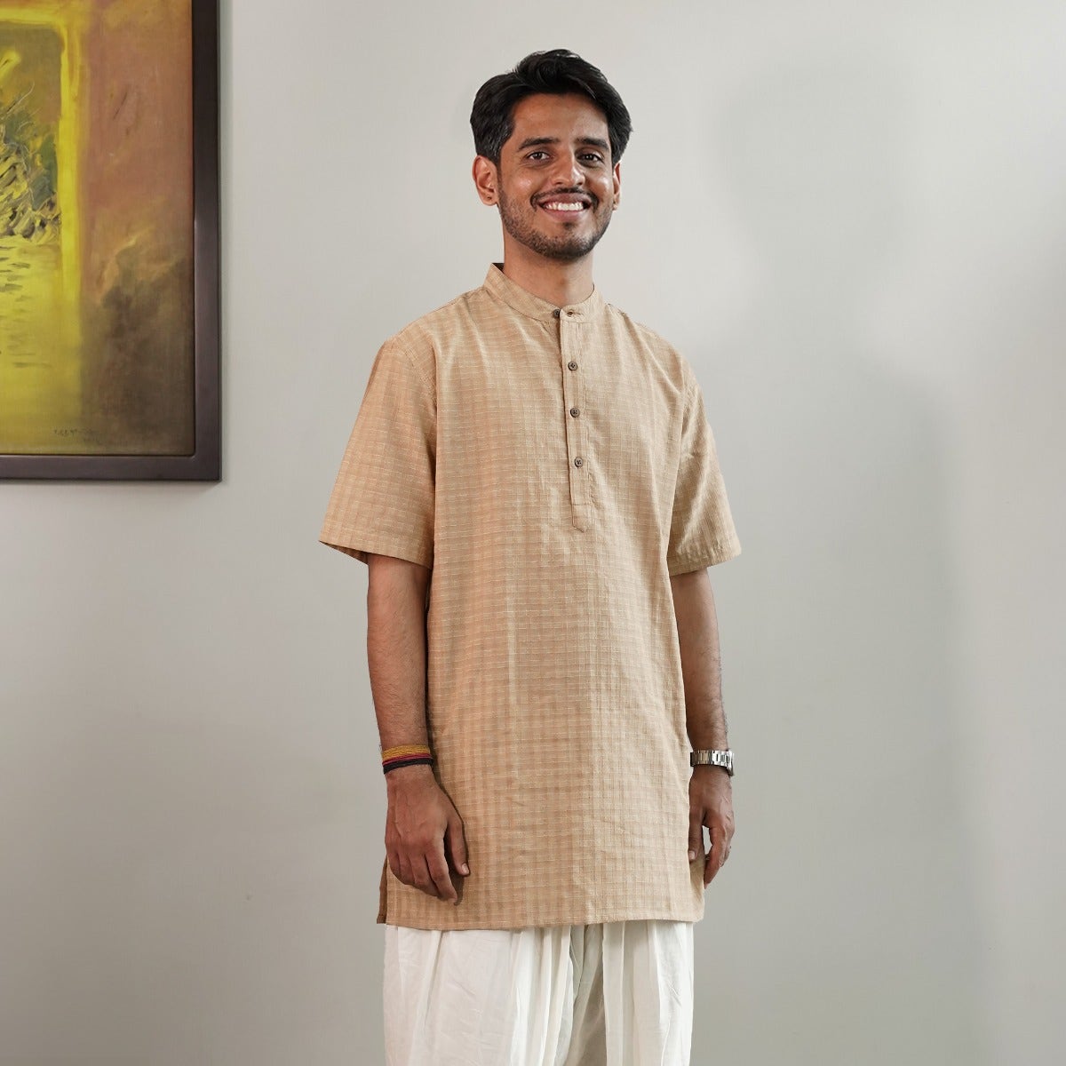 Brown- Yarn dyed half sleeve checked dobby short kurta