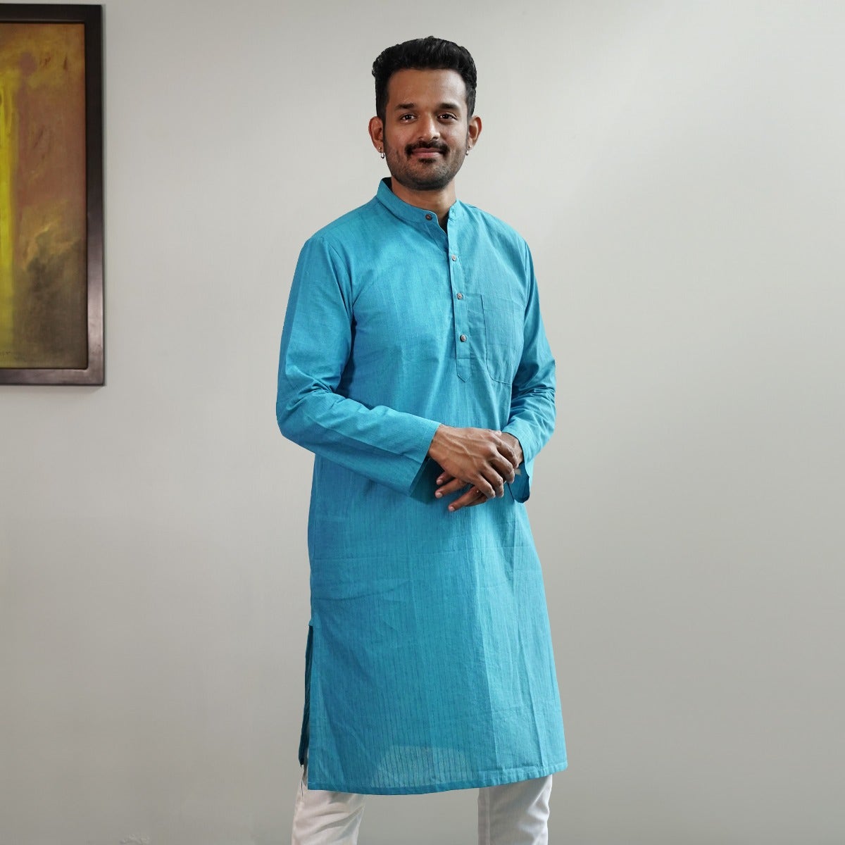 Full Sleeve Cotton Dobby Long Kurta - Blue