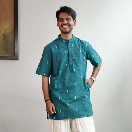 Peacock hue- short jacqad motif pocket friendly short kurta