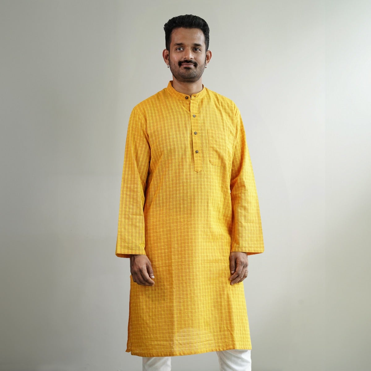 Full Sleeve Cotton Dobby Long Kurta - Mustard