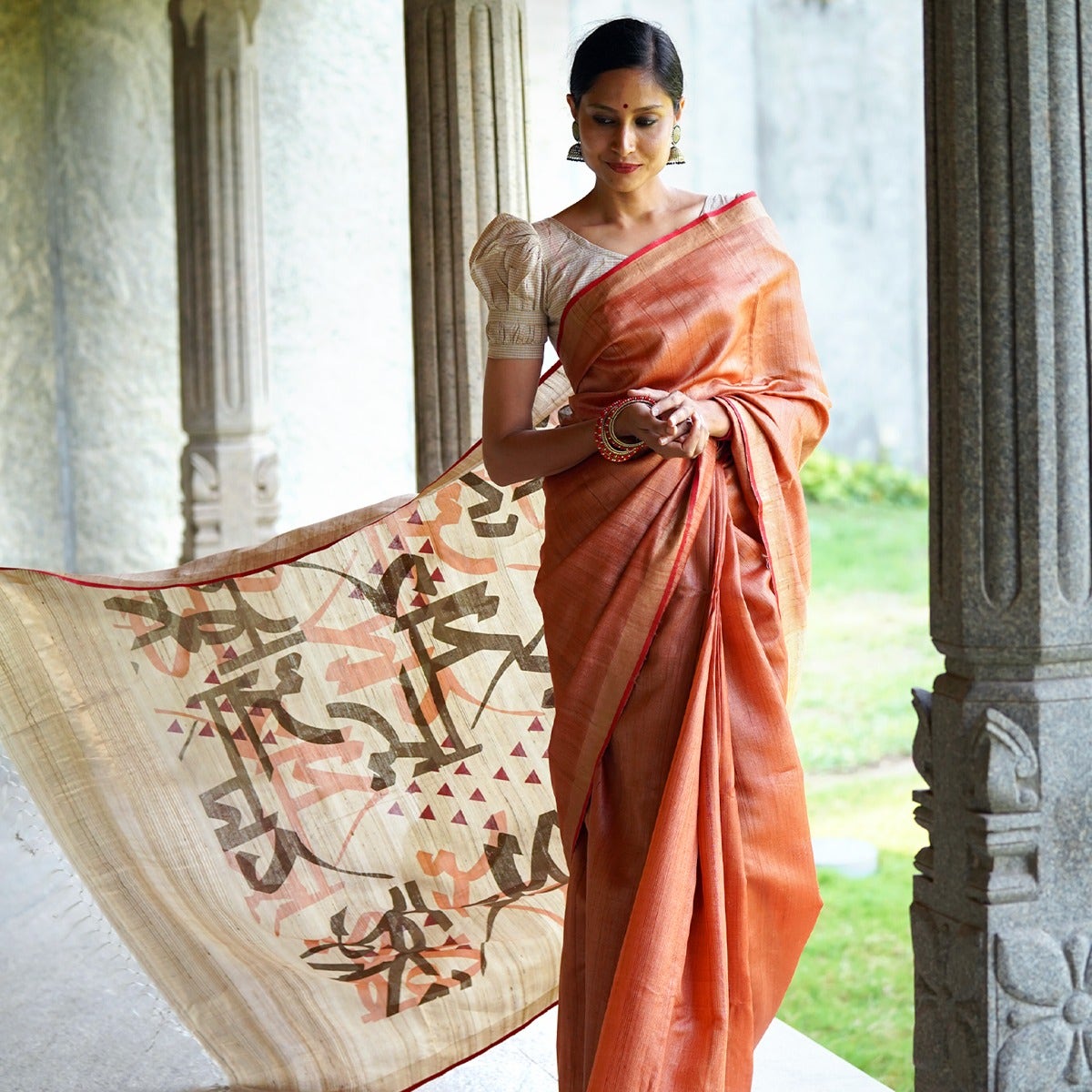 Energized Pure Tussar Silk Copper Saree with Beige and Golden Pallu invoking "Jai Bhairavi Devi"