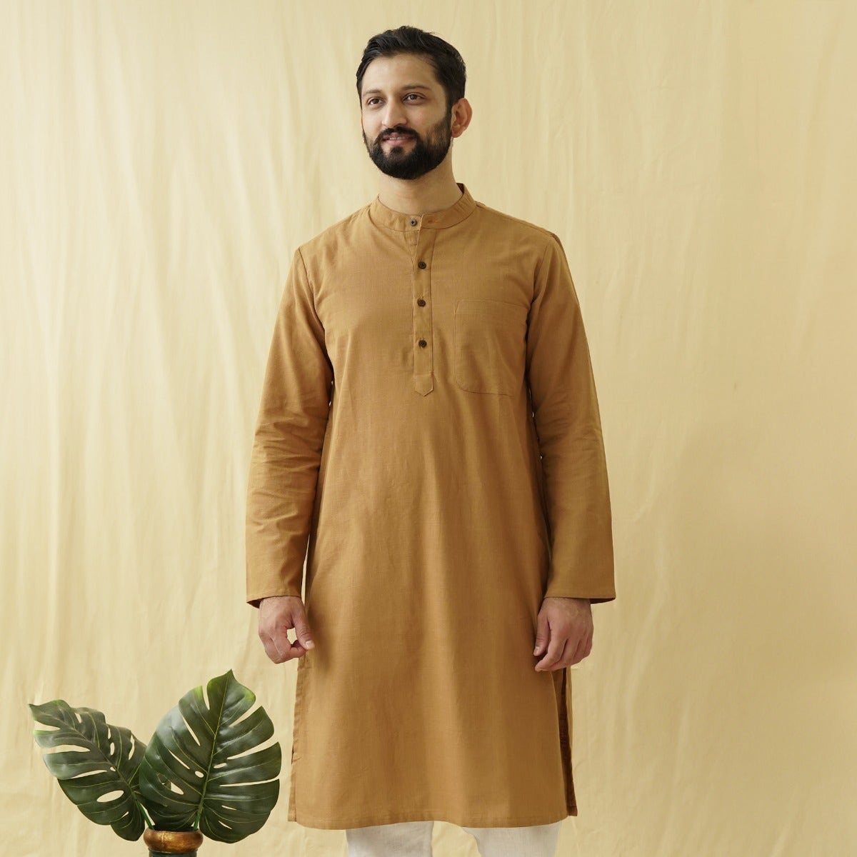 Yarn Dyed Full Sleeve Slub Cotton Kurta - Brown