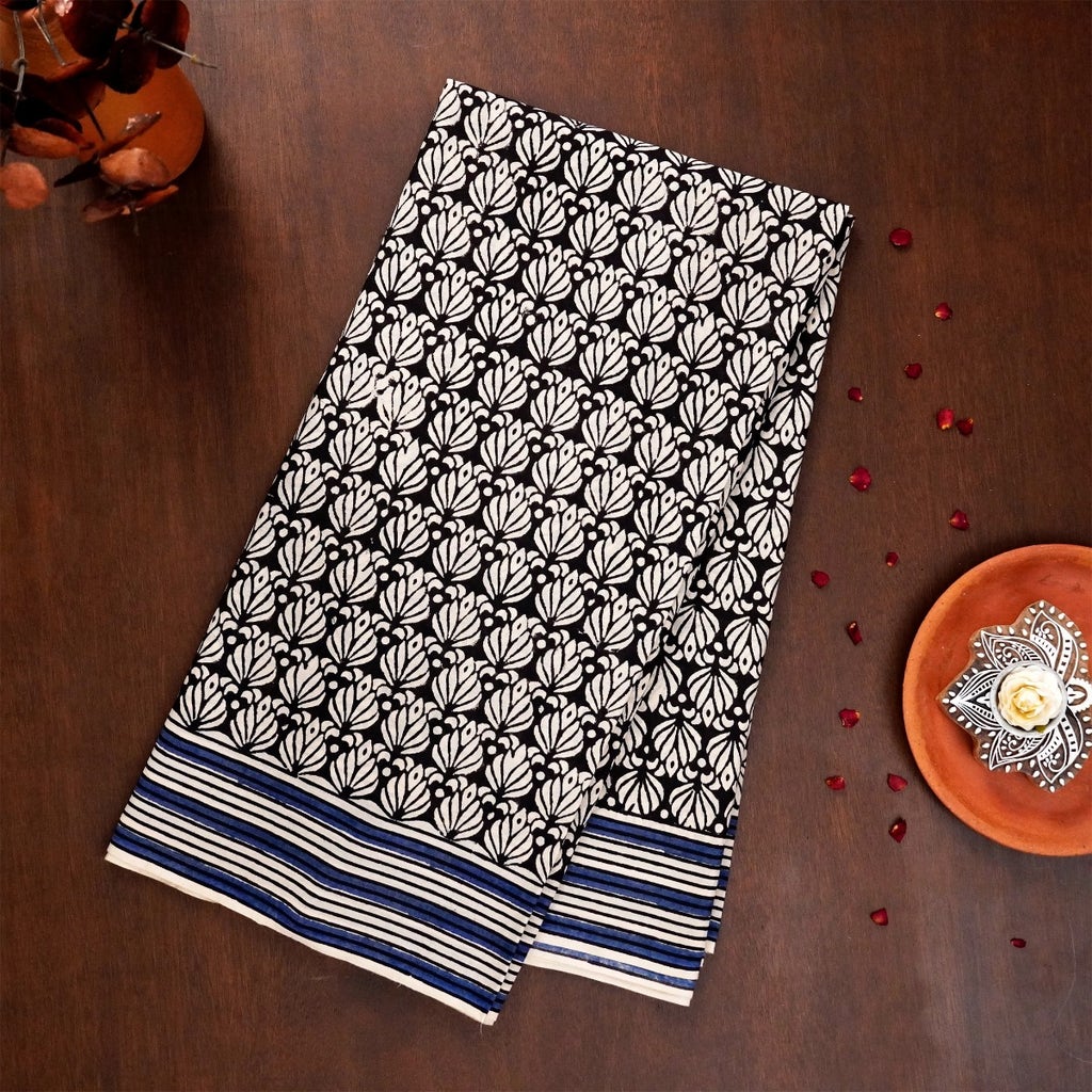Blue and Black Mulmul Cotton Saree