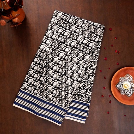 Blue and Black Mulmul Cotton Saree