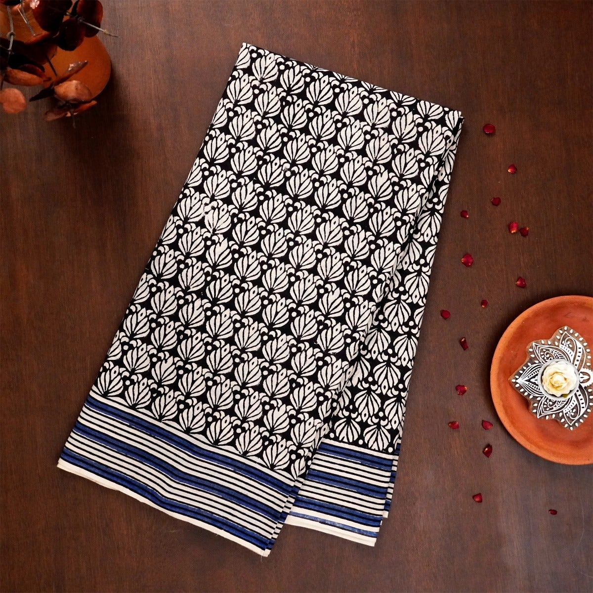 Blue and Black Mulmul Cotton Saree