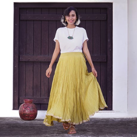Crickled cotton long skirt with gota trim - pear green