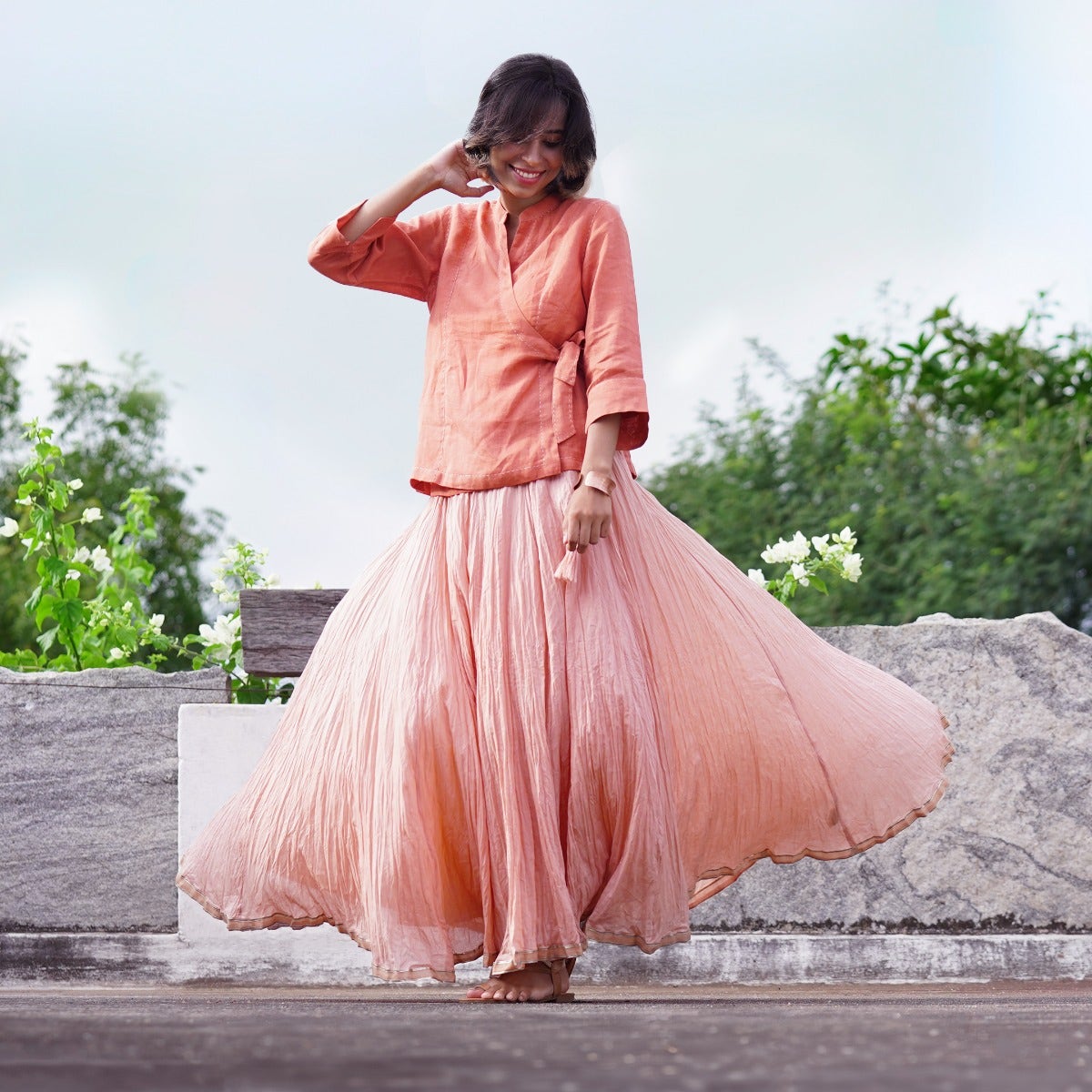 Crickled cotton long skirt with gota trim - peach