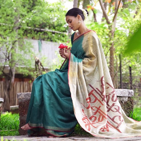 Consecrated Tropical Teal Green Pure Tussar Silk Saree with Golden and Beige Pallu invoking "Jai Bhairavi devi"