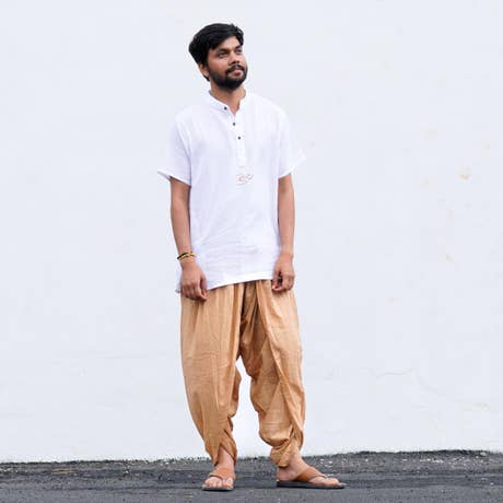 Isha’s signature. Ready to wear Unisex Dhoti Pants - half moon printed (Khaki) / Panchakacham. Easy to pull on. Versatile. Comfortable for both casual and formal wear.