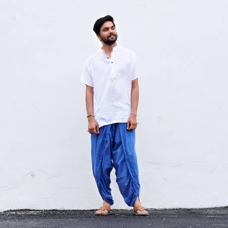 Isha’s signature. Ready to wear Unisex Dhoti Pants with Half moon printed (Indigo) /Panchakacham. Easy to pull on. Versatile. Comfortable for both casual and formal wear.