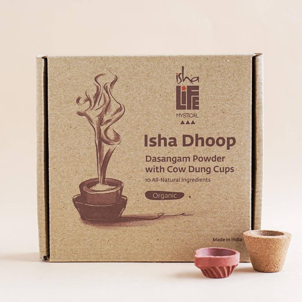 All natural handmade dasangam/dhoop powder with cow dung cups.  Original Isha fragrance. Purifies the air for poojas and sadhana. Supports rural women artisans. Pack of 12 pcs