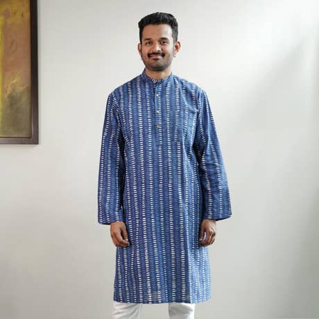 Handblock printed long kurta - ecru & Indigo