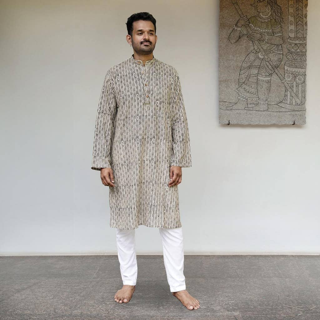 Handblock Printed Long Kurta - Ecru & Black