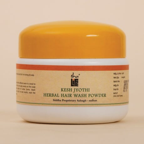Kesh jyothi herbal hair wash powder (100 gm). Isha’s unique Siddha formulation. A herbal powder with Shikakai and 3 other natural and traditional herbs. For healthy scalp and hair. 