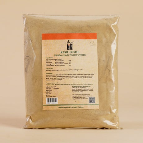 Kesh jyothi herbal hair wash powder (500 gm). Isha’s unique Siddha formulation. A herbal powder with Shikakai and 3 other natural and traditional herbs. For healthy scalp and hair. 
