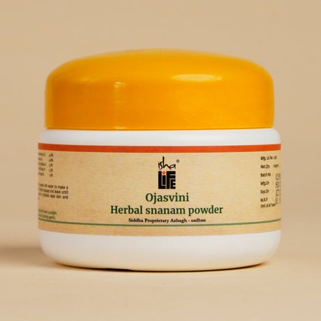 Ojasvini traditional herbal snanam powder. Isha’s unique Siddha formulation. Non-toxic bath powder. Cleansing, exfoliating, rejuvenating (100 gms)