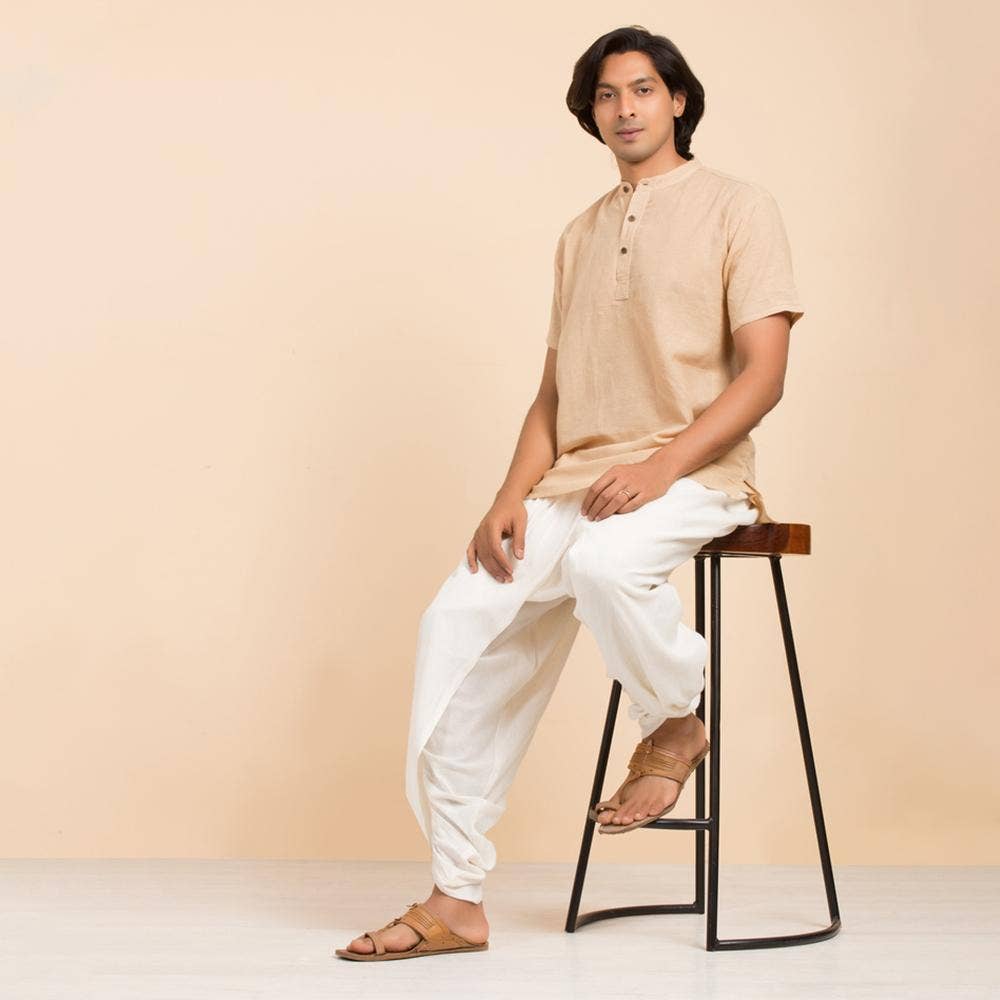 Isha Life Men’s Cotton Linen Kurta. Beige. Half sleeves. Minimalist design. Natural fibers.