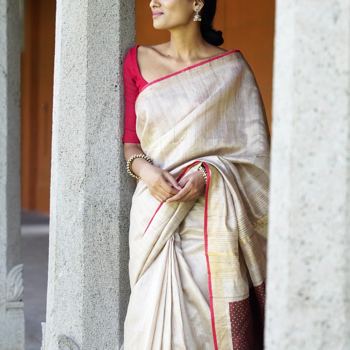 Energized Beige Pure Tussar Silk Saree with Brown and Yellow Pallu embellished with Devi's sacred "Trishul"