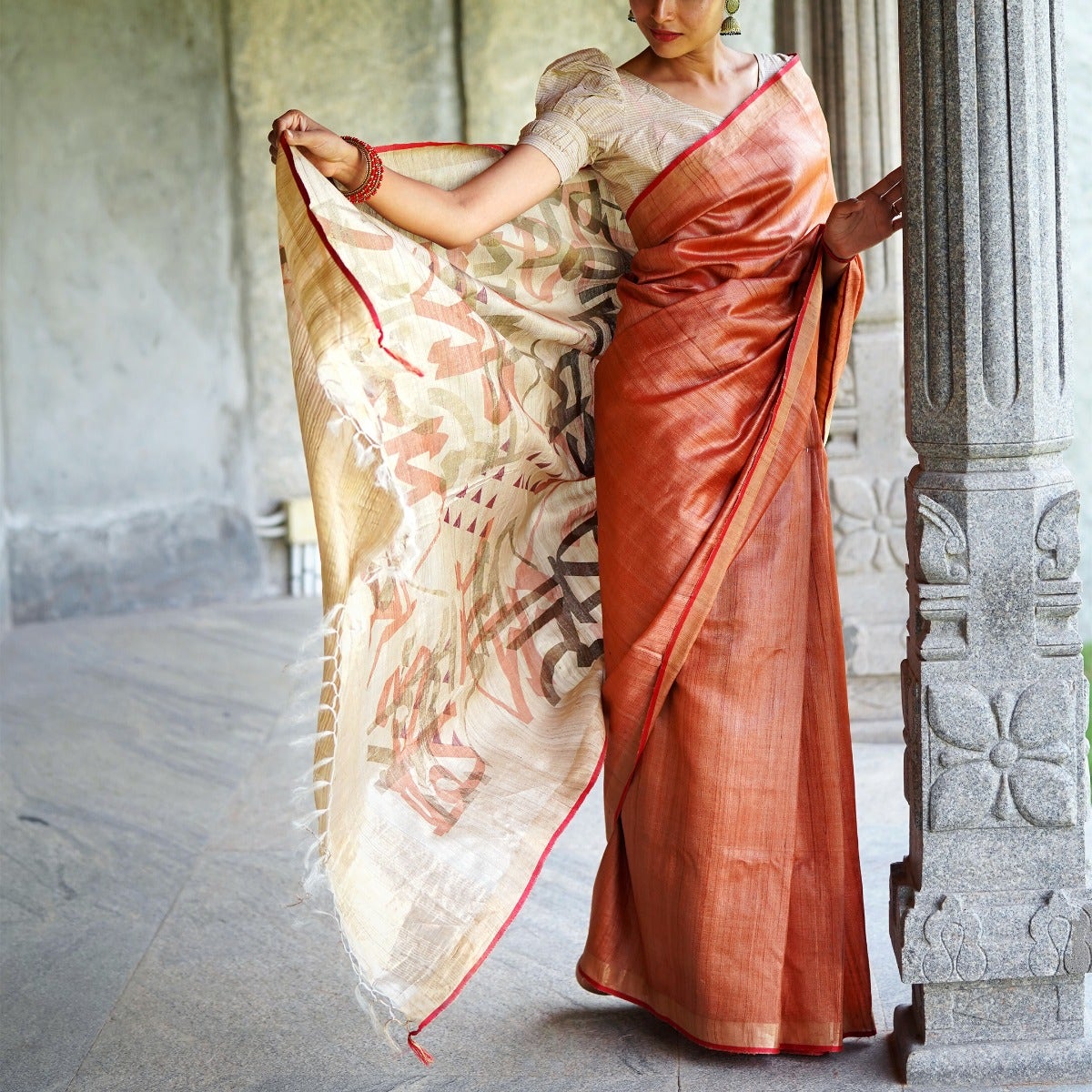 Energized Pure Tussar Silk Copper Saree with Beige and Golden Pallu invoking "Jai Bhairavi Devi"