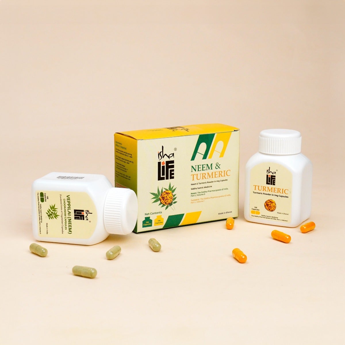 Neem and Turmeric powder in veg capsules. Combo pack. 100 capsules each. For daily detox.