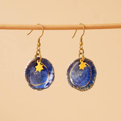 Handcrafted ceramic danglers with 22k gold painting (Ink)