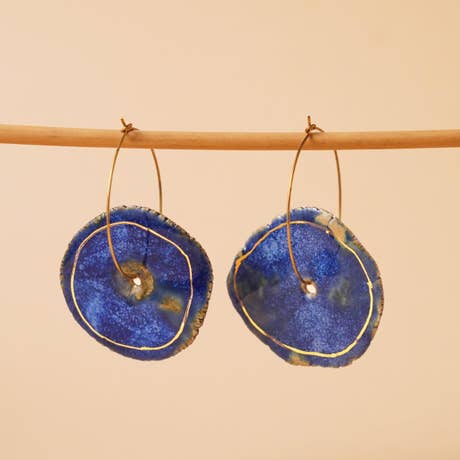 Handcrafted ceramic Earrings with 22k gold painting - round hoop (blue)