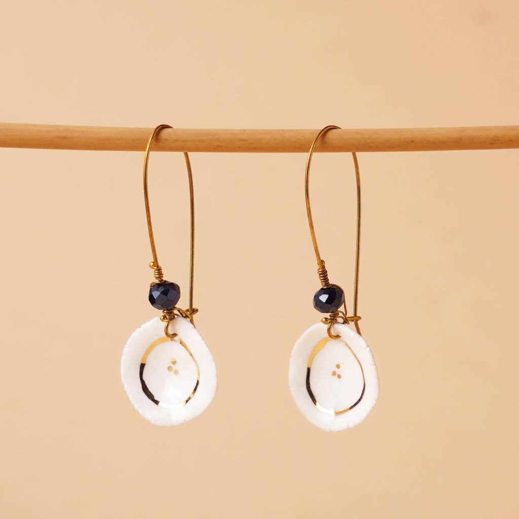 Handcrafted ceramic Earrings with 22k gold painting - with bead (Ivory)