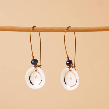 Handcrafted ceramic Earrings with 22k gold painting - with bead (Ivory)