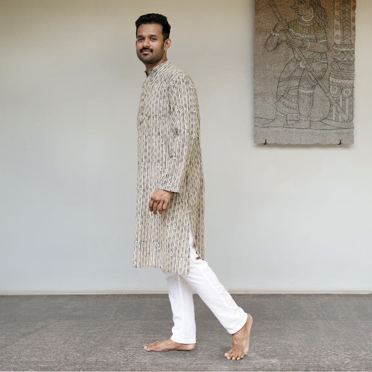 Handblock Printed Long Kurta - Ecru & Black