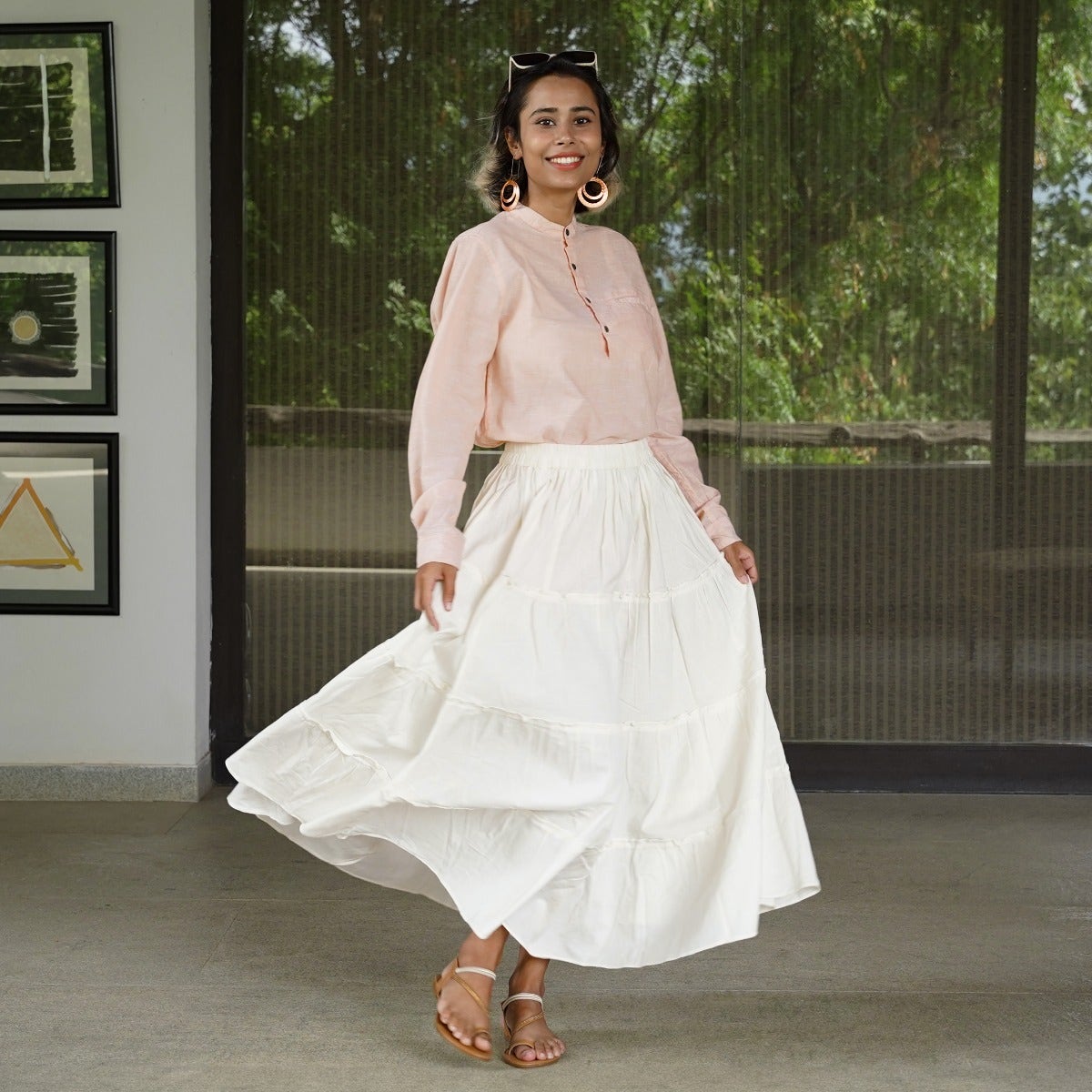 Tiered cotton long skirt - off white