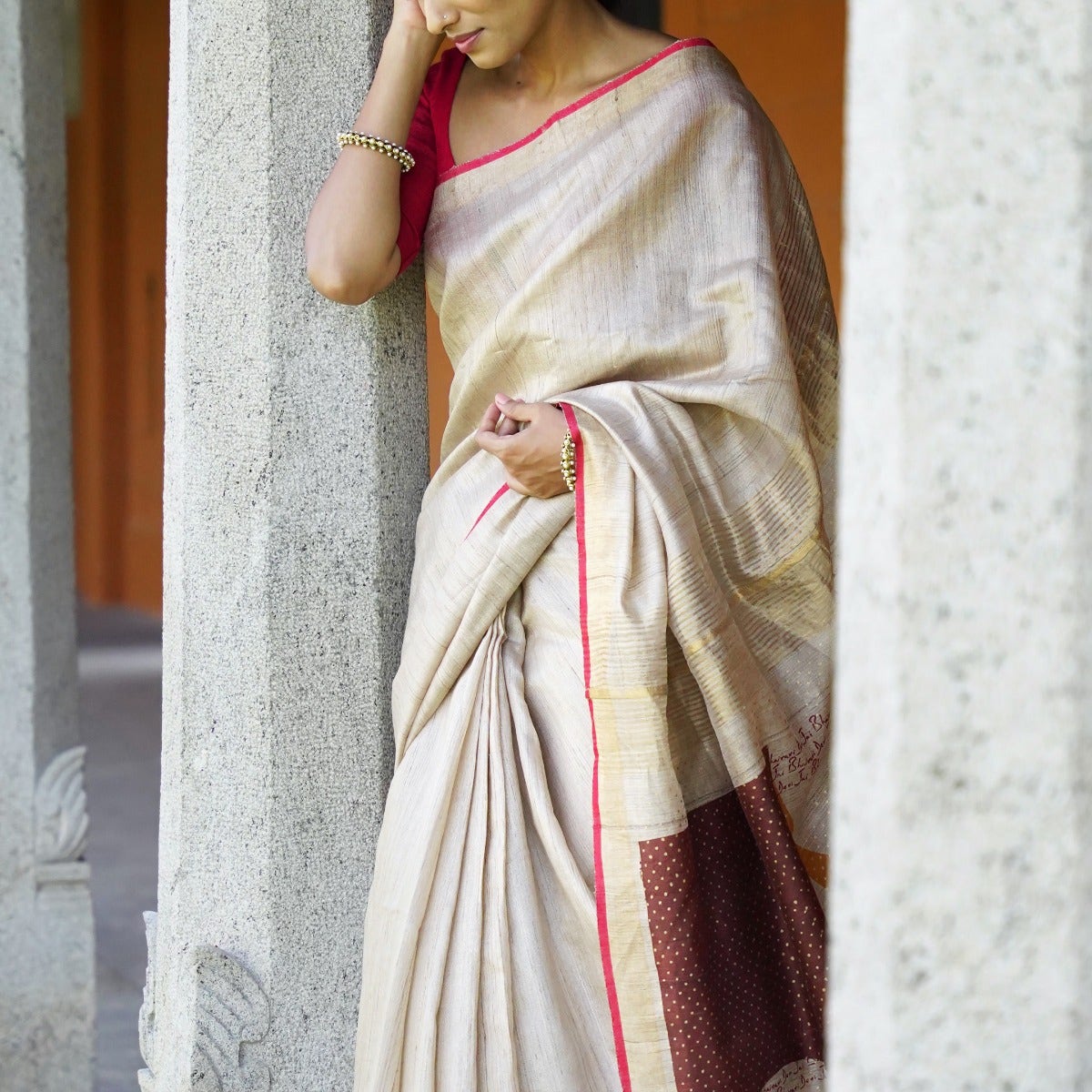 Energized Beige Pure Tussar Silk Saree with Brown and Yellow Pallu embellished with Devi's sacred "Trishul"