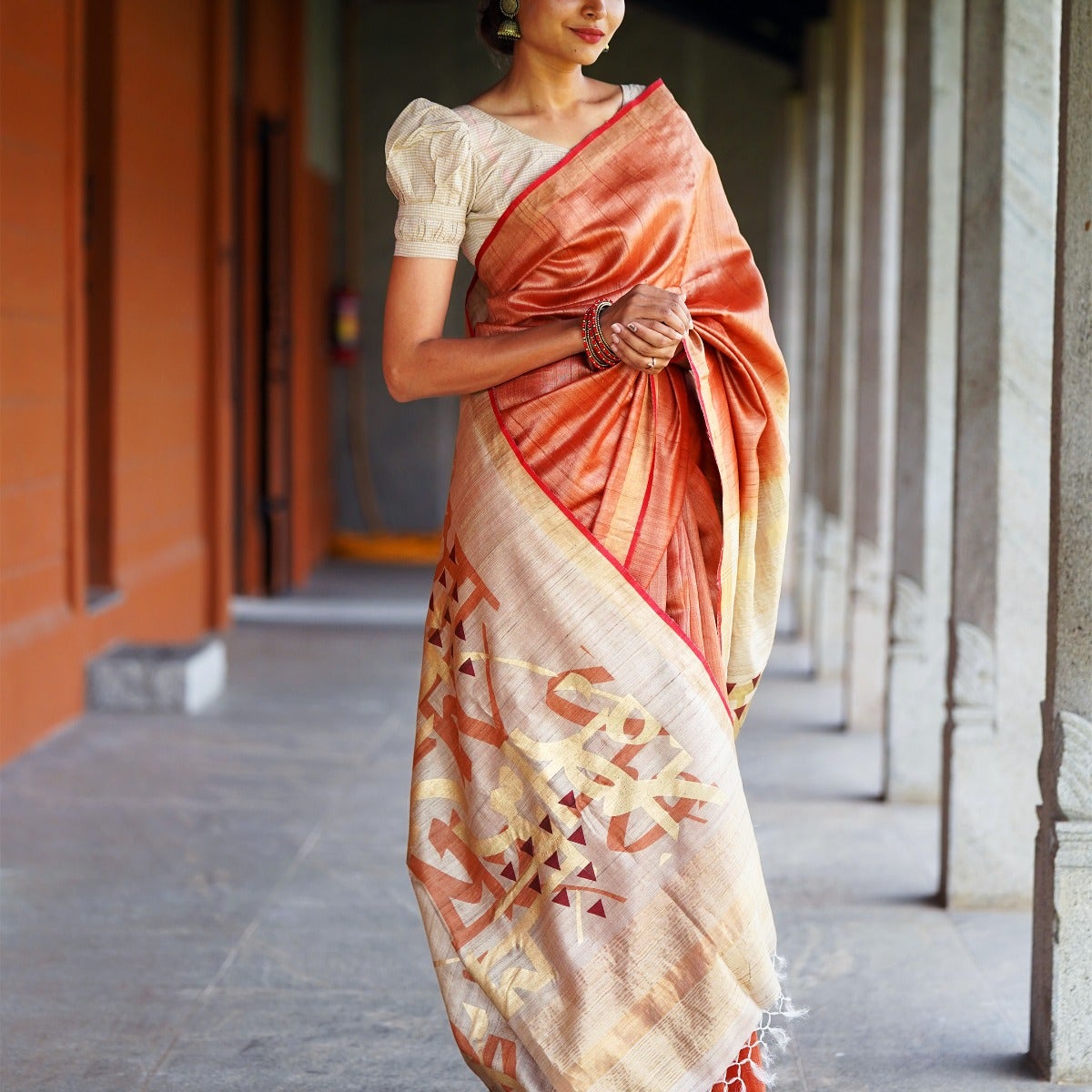 Energized Pure Tussar Silk Copper Saree with Beige and Golden Pallu invoking "Jai Bhairavi Devi"