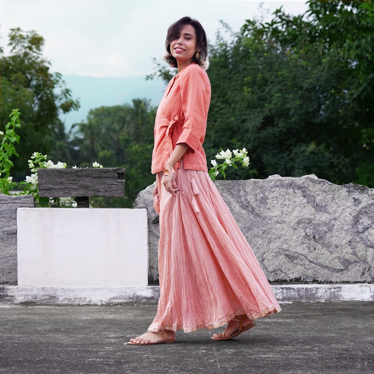 Crickled cotton long skirt with gota trim - peach