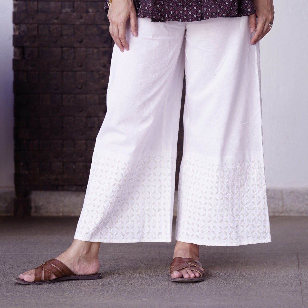 Cotton Palazzo with applique work - White