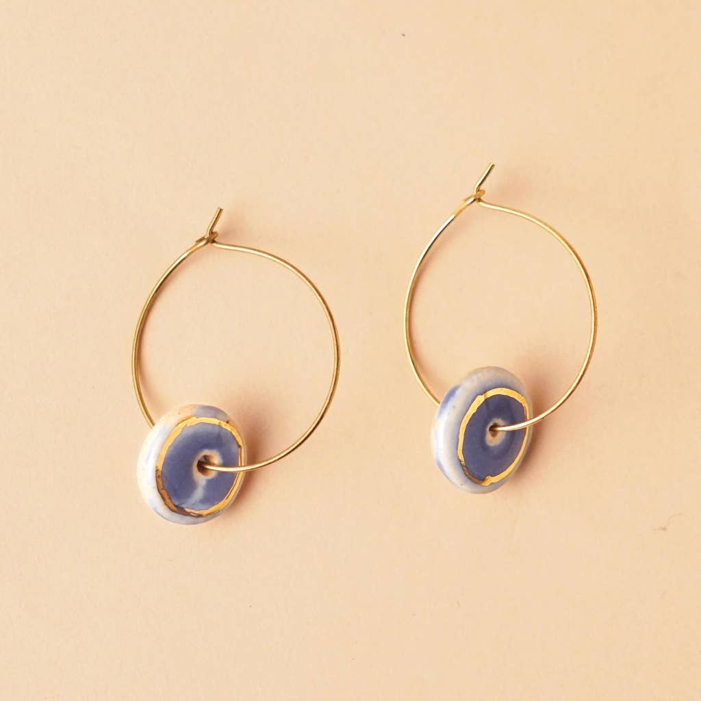Handcrafted ceramic earring with 22k gold painting - disc (cobalt)