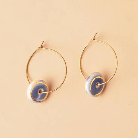 Handcrafted ceramic earring with 22k gold painting - disc (cobalt)