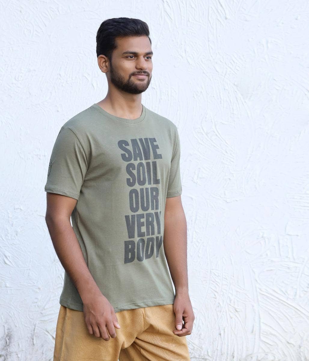 Unisex Save Soil Print Short Sleeve Organic Cotton  Olive Green T-Shirt