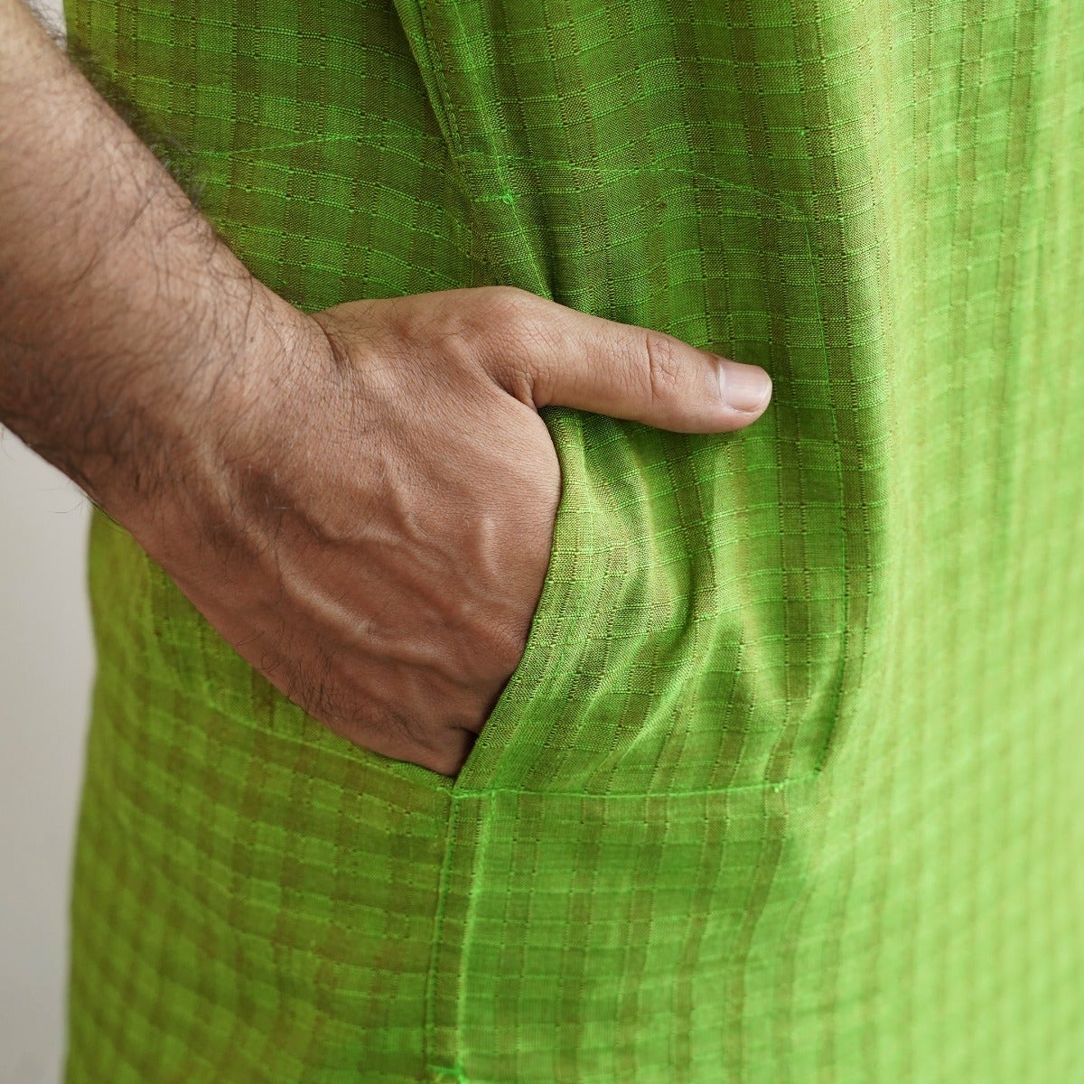 Yarn Dyed Half Sleeve Checked Dobby Kurta - Green