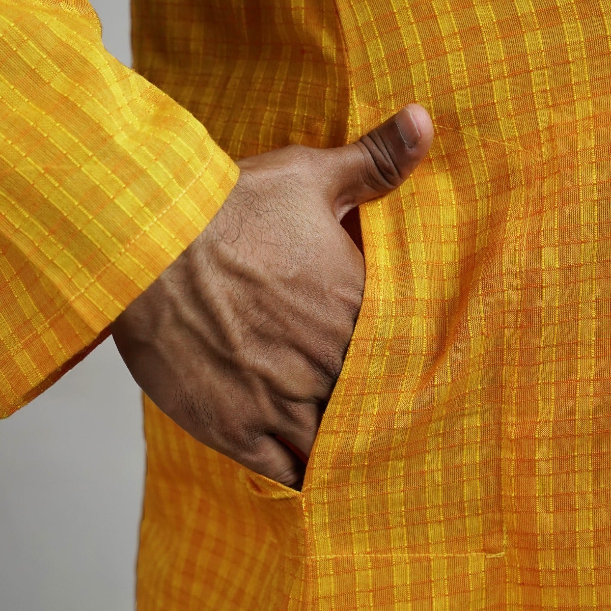 Full Sleeve Cotton Dobby Long Kurta - Mustard