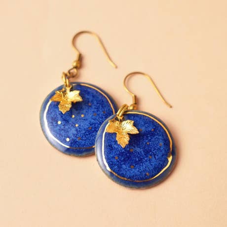 Handcrafted ceramic dangler earring with 22k gold painting (cobalt)