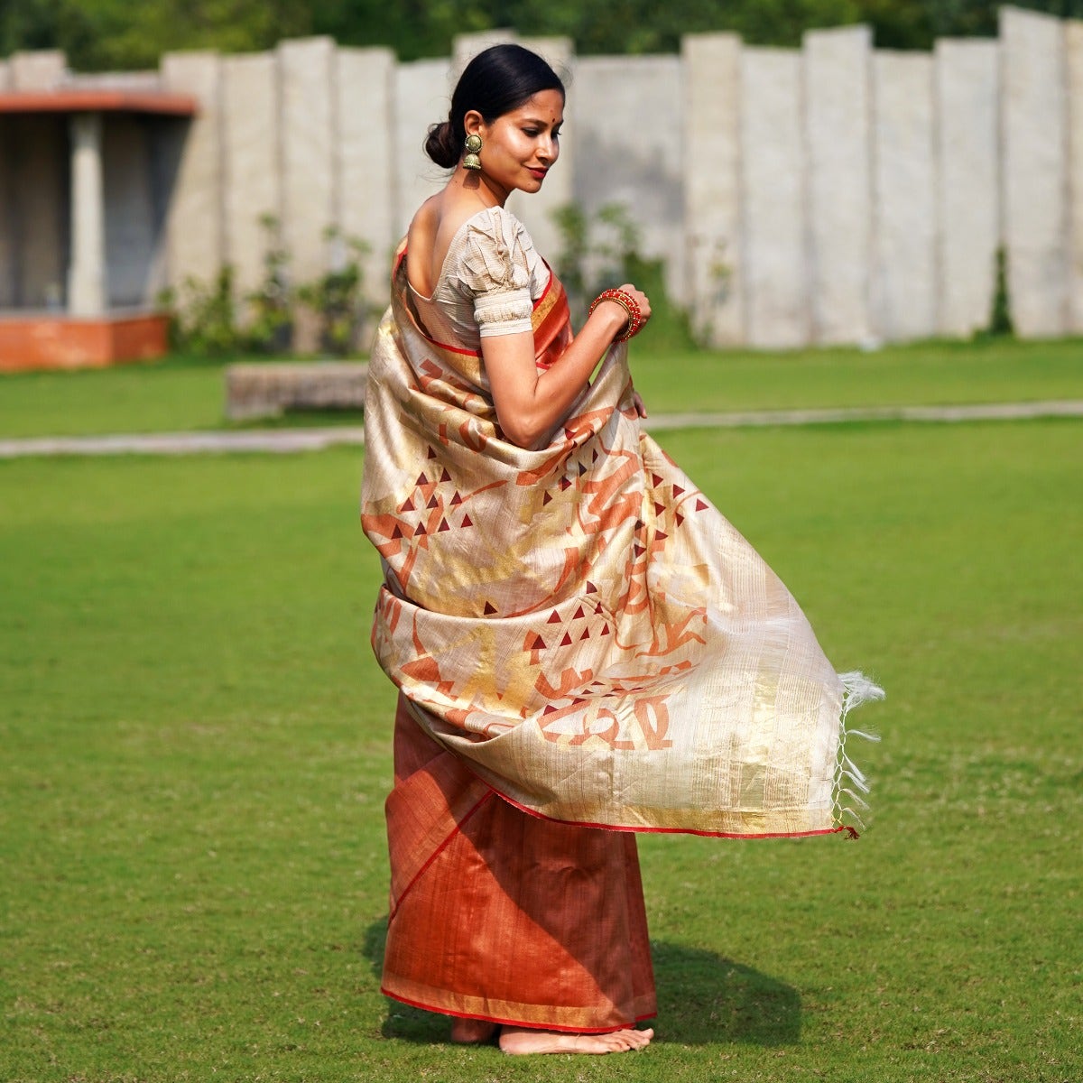 Energized Pure Tussar Silk Copper Saree with Beige and Golden Pallu invoking "Jai Bhairavi Devi"