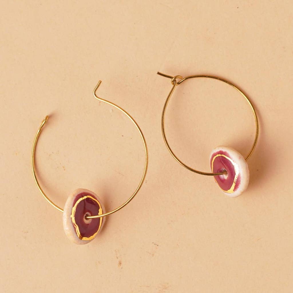 Handcrafted ceramic Earrings with 22k gold painting - round hoop (cherry)