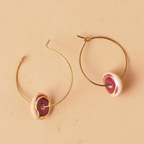 Handcrafted ceramic Earrings with 22k gold painting - round hoop (cherry)