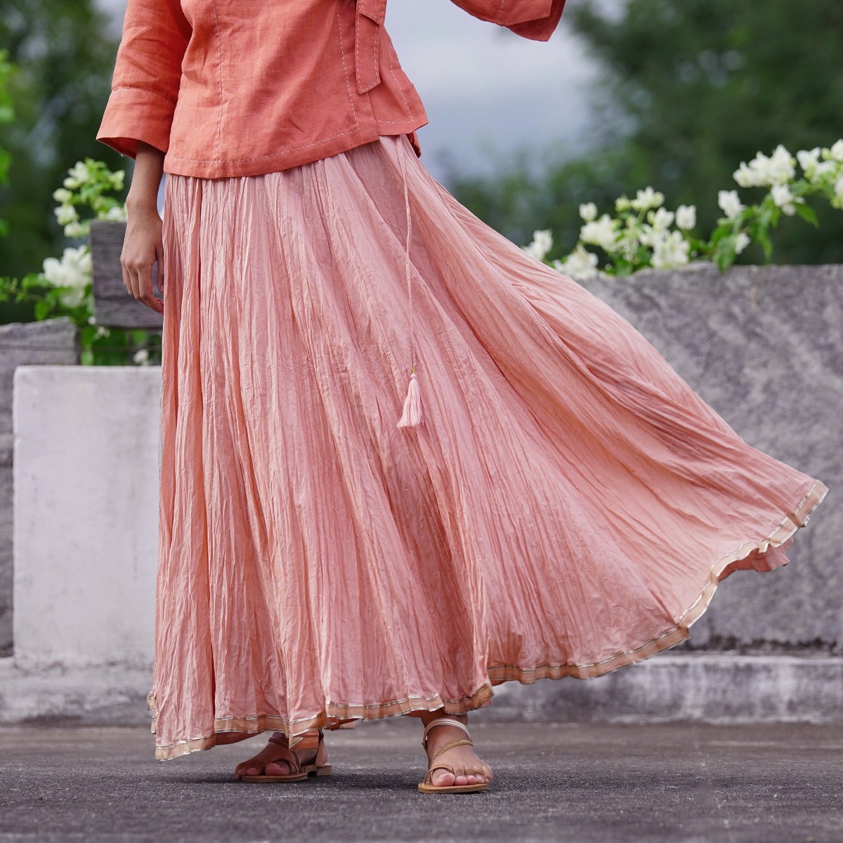 Crickled cotton long skirt with gota trim - peach