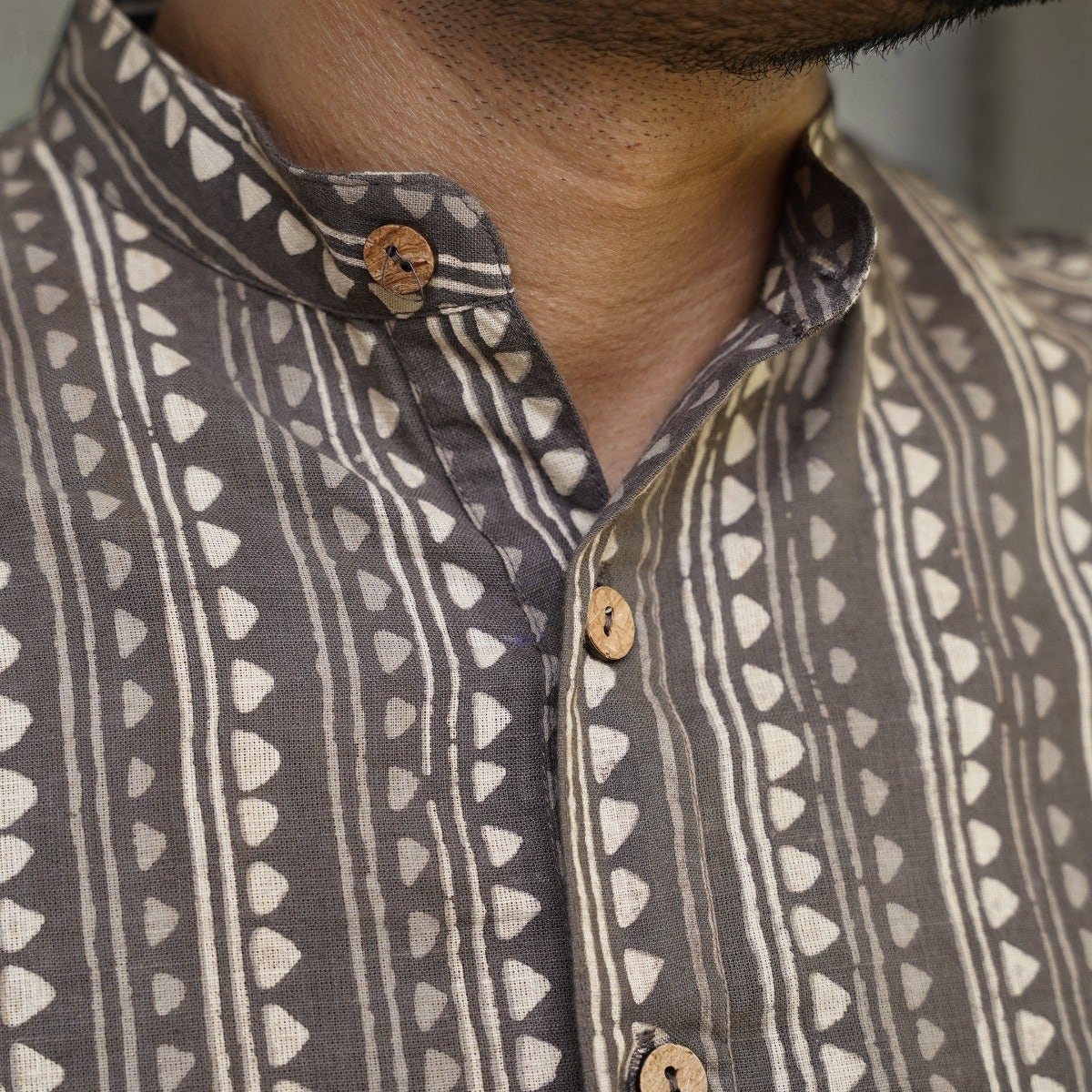 Handblock Printed Long Kurta - Grey & Ecru