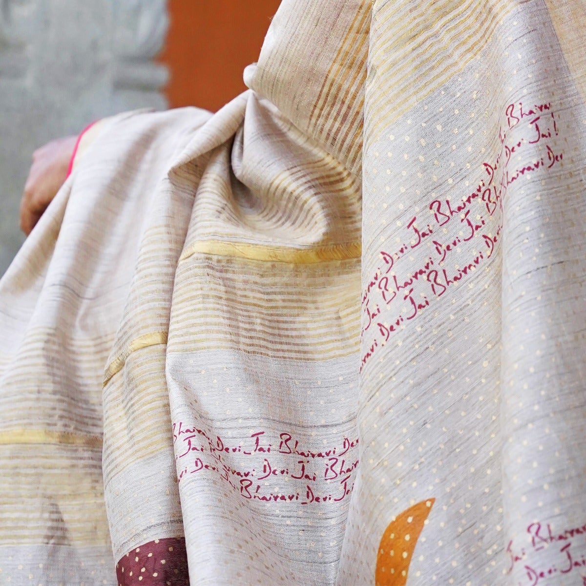 Energized Beige Pure Tussar Silk Saree with Brown and Yellow Pallu embellished with Devi's sacred "Trishul"
