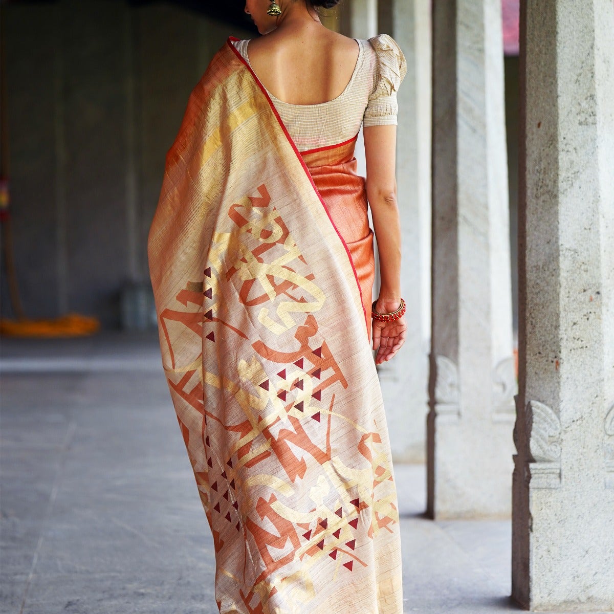 Energized Pure Tussar Silk Copper Saree with Beige and Golden Pallu invoking "Jai Bhairavi Devi"